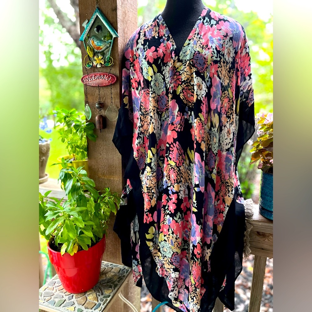 Anna & Ava Black Pink Multi-Color Floral Wide Sleeve Open Front Kimono Duster XL